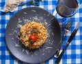 Pasta Bolognese portion sprinkled with grated cheese Royalty Free Stock Photo