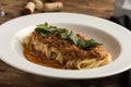 Pasta Bolognese tagliatelle noodles with red ground shredded beef