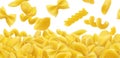 Pasta border, different raw pasta types falling over white background