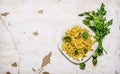 Pasta with Brussels sprouts, herbs and spices. Royalty Free Stock Photo