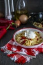 pasta with burrata cheese, beautiful serving, italian cuisine