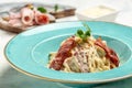 Pasta Carbonara bacon, cheese and cream sauce served in the restaurant. Restaurant food. banner, menu, recipe place for text, top Royalty Free Stock Photo