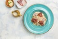 Pasta Carbonara bacon, cheese and cream sauce served in the restaurant. Restaurant food. banner, menu, recipe place for text, top Royalty Free Stock Photo