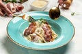 Pasta Carbonara bacon, cheese and cream sauce served in the restaurant. Restaurant food. banner, menu, recipe place for text, top Royalty Free Stock Photo