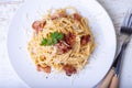Pasta carbonara with bacon, cheese Parmesan and parsley. Royalty Free Stock Photo
