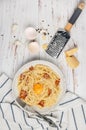 Pasta Carbonara. Spaghetti with bacon, egg and Parmesan cheese sauce Royalty Free Stock Photo