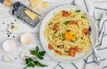 Pasta Carbonara. Spaghetti with bacon, egg, parsley and Parmesan cheese Royalty Free Stock Photo