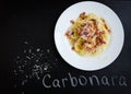 Pasta Carbonara. Spaghetti with bacon and parmesan cheese. Royalty Free Stock Photo