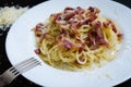 Pasta Carbonara. Spaghetti with bacon and parmesan cheese. Royalty Free Stock Photo