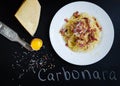 Pasta Carbonara. Spaghetti with bacon and parmesan cheese. Royalty Free Stock Photo