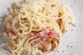 Pasta Carbonara. Spaghetti with bacon, parsel and parmesan cheese. Royalty Free Stock Photo