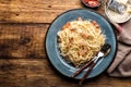 Pasta carbonara, spaghetti, cooked according to the traditional Italian recipe Royalty Free Stock Photo