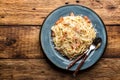 Pasta carbonara, spaghetti, cooked according to the traditional Italian recipe Royalty Free Stock Photo