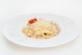 Pasta carbonara. Tagliatelli with becon, cheese and sauce