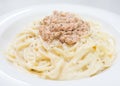 Pasta Carbonara with tuna on a white plate Royalty Free Stock Photo