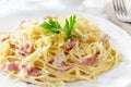 Pasta carbonara on white plate Royalty Free Stock Photo