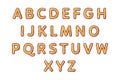 Pasta cartoon alphabet. Font from letters in the form of macaroni. Lettering from pasta soup. Isolated objects for books