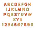 Pasta cartoon alphabet. Font from letters and numbers in the form of macaroni. Lettering from pasta soup. Isolated Royalty Free Stock Photo