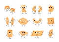 Pasta cartoon characters. Cute wheat food mascots with happy faces, hands and legs for restaurant menu. Vector comic