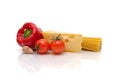 Pasta, cheese and vegetables on a white background Royalty Free Stock Photo