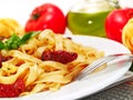 Pasta Collection - Tagliatelle with Salmon, Basil and Dried Tomatoes Royalty Free Stock Photo