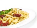Pasta Collection - Tagliatelle with Salmon, Basil and Dried Tomatoes Royalty Free Stock Photo