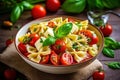 Pasta colored farfalle salad with tomatoes, mozzarella and basil. Illustration AI Generative