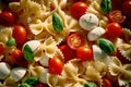 Pasta colored farfalle salad with tomatoes, mozzarella and basil. Illustration AI Generative