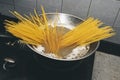 Pasta is cooked in boiling water in a pan Royalty Free Stock Photo