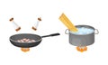 Pasta cooking process set. Boiling pasta and frying ham in pan vector illustration