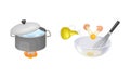 Pasta cooking process set. Boiling pasta in pan and whisking eggs in bowl vector illustration