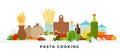 Pasta cooking. Vector flat illustrations. Products for cooking pasta. Italian cuisine concept. Royalty Free Stock Photo