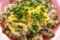 Pasta in a creamy sauce with mushrooms in a plate sprinkled with cheese and green onions on the table