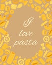 Pasta different types fusilli, spaghetti, gomiti rigati, farfalle and rigatoni, ravioli poster vector illustration.