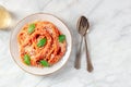 Pasta dinner. Spaghetti with tomato sauce, Parmesan cheese and basil Royalty Free Stock Photo