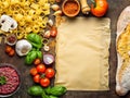 Pasta dish. Ingredients table top with space for notes. copy space Royalty Free Stock Photo