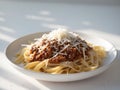 Pasta dish with meat sauce and grated cheese. Royalty Free Stock Photo