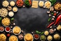 pasta dishes forming a frame for copy space, taken from above on a dark background genenerated AI Royalty Free Stock Photo