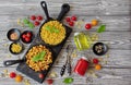 Pasta Elbow macaroni with minced meat in a cast iron skillet a La carte Royalty Free Stock Photo