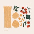 Pasta elements collection. Italian food set. Vintage textured style. Tomato, basil and pasta. Royalty Free Stock Photo