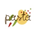 Pasta emblem. Freehand lettering on abstract colorful background with spots. Print, poster, stamp for label, bag, card. Hand drawn