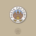 Pasta Factory logo. Italian pasta, flour products logo. The building and spikelet are a round emblem.