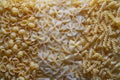 Pasta factory. Production of pasta on a modern production line tic tac toe collection italian pasta salad raw spaghetti, uncooked
