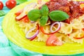 Pasta Farfalle with chicken, tomato, blue onion, sweet pepper and tomato sauce