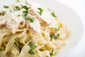 Pasta fettuccine alfredo with chicken, parmesan and parsley Royalty Free Stock Photo