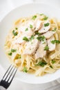 Pasta fettuccine alfredo with chicken, parmesan and parsley on white background close up Royalty Free Stock Photo