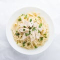 Pasta fettuccine alfredo with chicken, parmesan and parsley