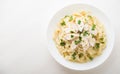 Pasta fettuccine alfredo with chicken, parmesan and parsley on white background top view Royalty Free Stock Photo
