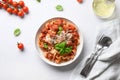 Pasta fettuccine with meatballs, parmesan, cherry tomatoes, basil Royalty Free Stock Photo