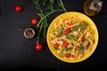 Pasta Fettuccine with tomato, zucchini and chicken fillet